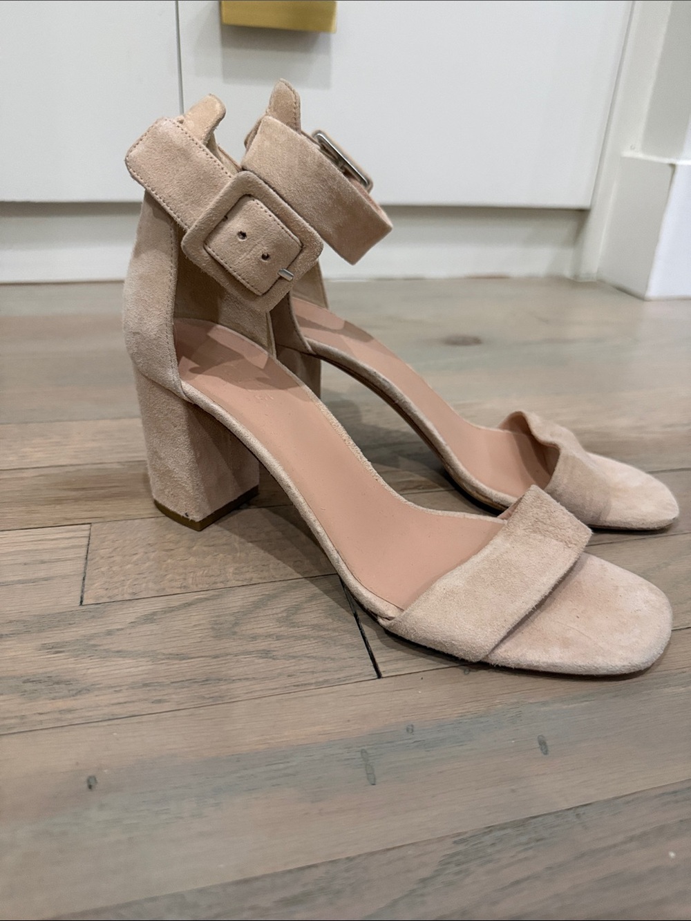 Vince Suede Block Heel Sandals in Pale Pink